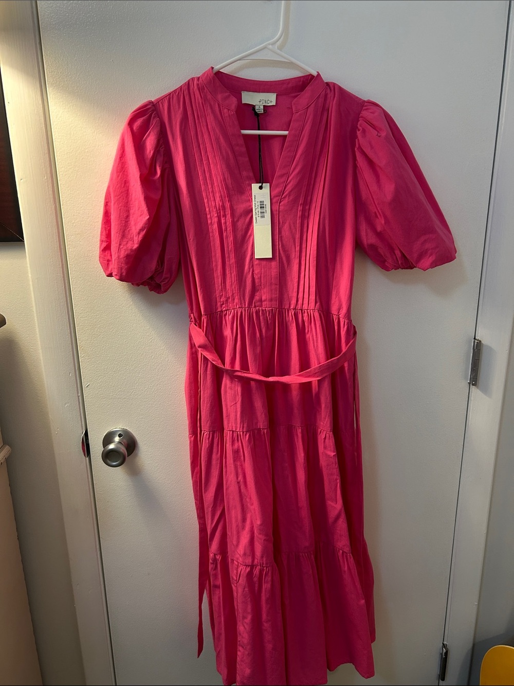 Pinch Hot Pink V-Neck Midi Dress with Puff Sleeves